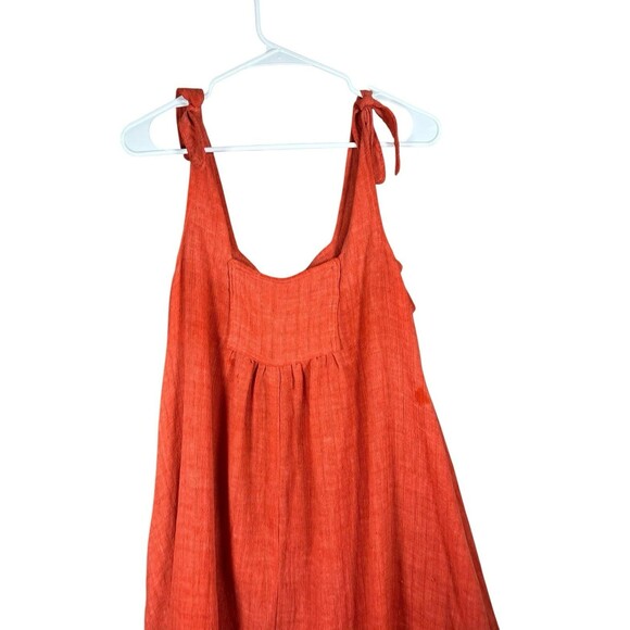 Women’s Red Linen Blend Tie Shoulder Smock Dress Lagenlook Oversized Boho - Picture 7 of 8